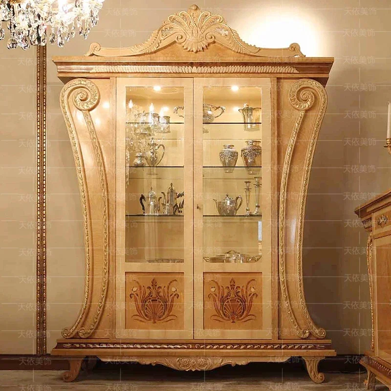 European double door solid wood wine cabinet with light side cabinet Villa living room display Italian painted wine cabinet