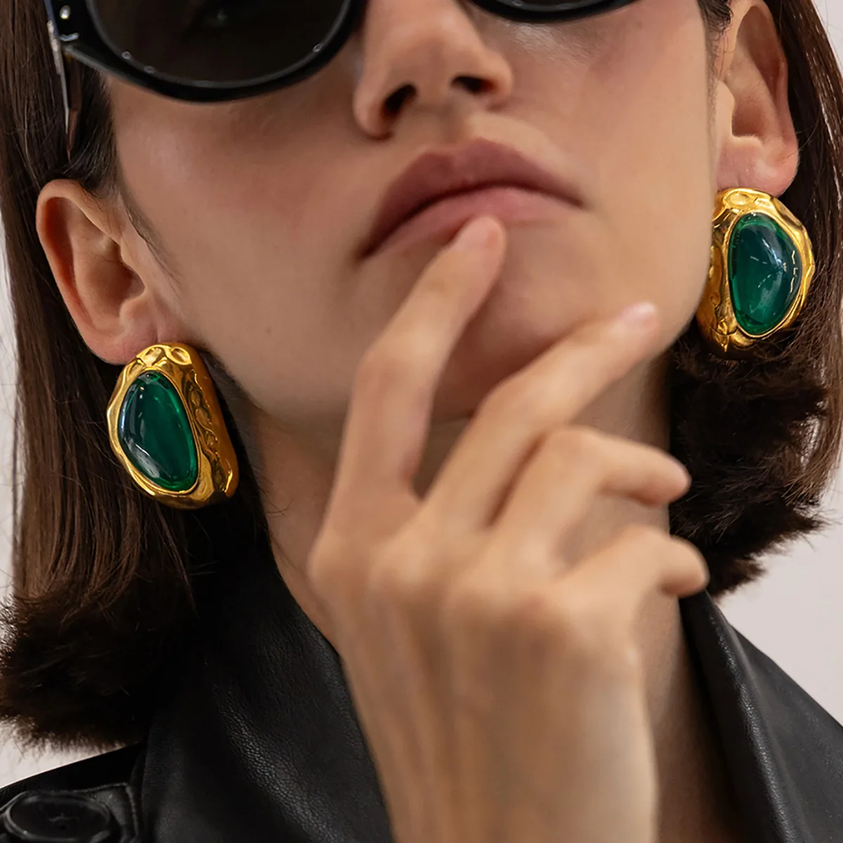 Stud Earrings Hammered Irregular Gemstone Bezel Stainless Steel Retro French Chic Lightweight Sturdy Comfortable