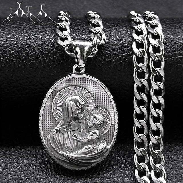 Virgin Mary and Baby Medallion Necklace for Men Geometric Religious Pendant 316 Stainless Steel Silver Color Necklaces Jewelry AliExpress