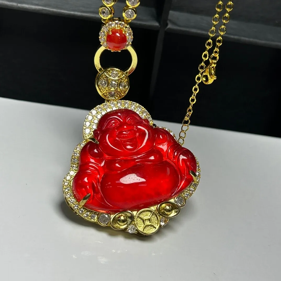 Certified Natural ice inlay Red jade Jadeite Carved Buddha Pendant & Necklaces