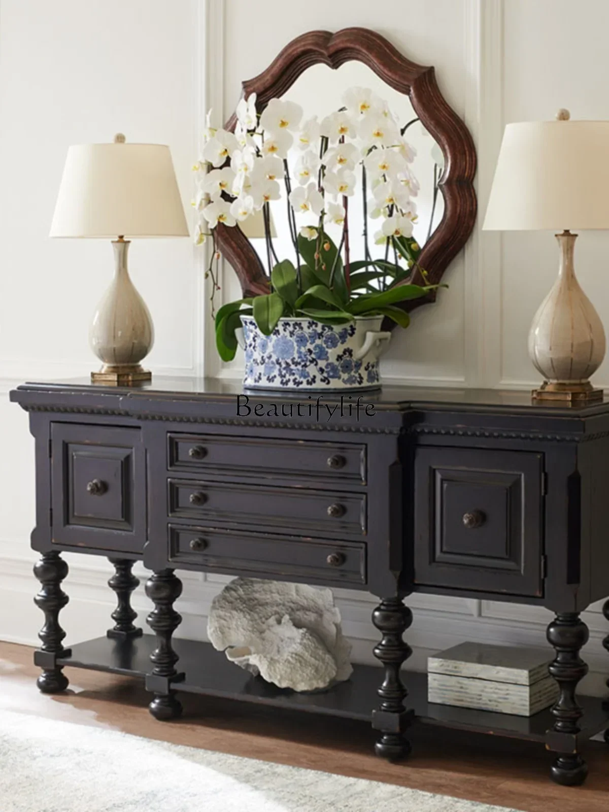 

FG52French retro simple solid wood entrance foyer cabinet modern dining side cabinet
