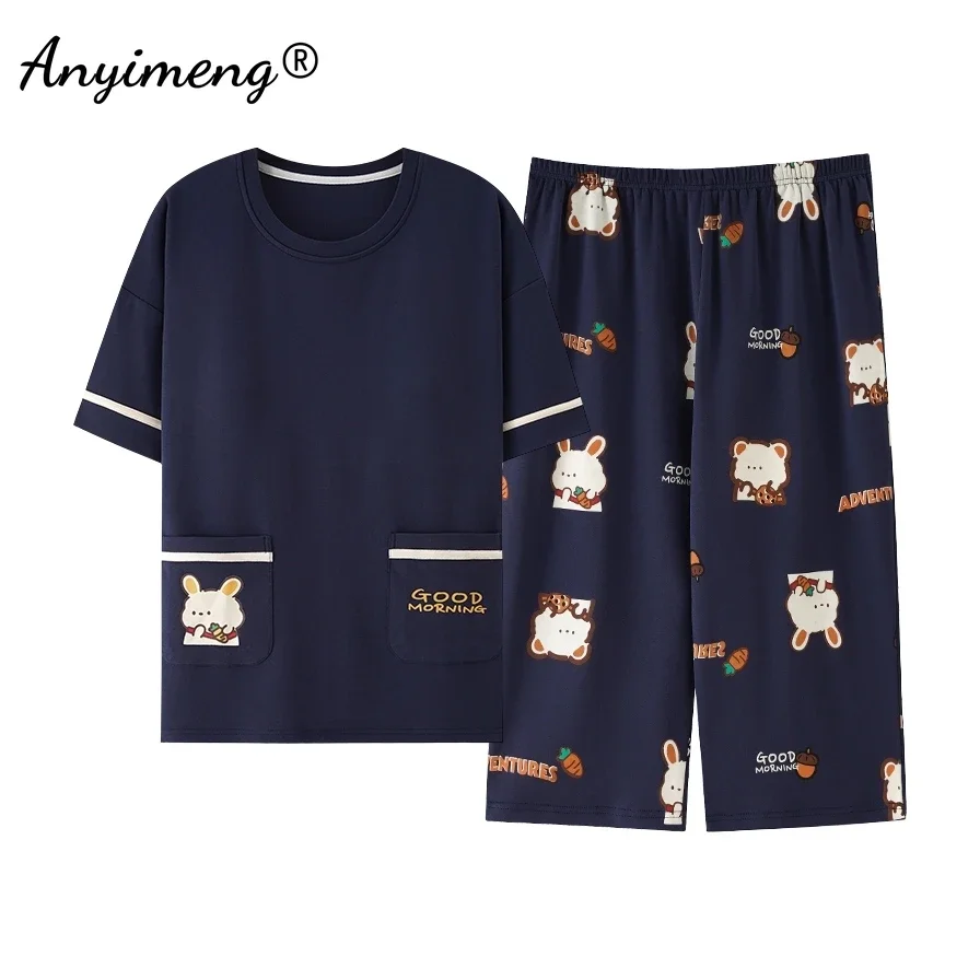 Sommer-Caprihose-Pyjama, süßer Cartoon-Druck-Pyjama für Damen, modischer Pyjama, weicher Baumwoll-Pyjama, Übergröße M-5XL, Nachtwäsche