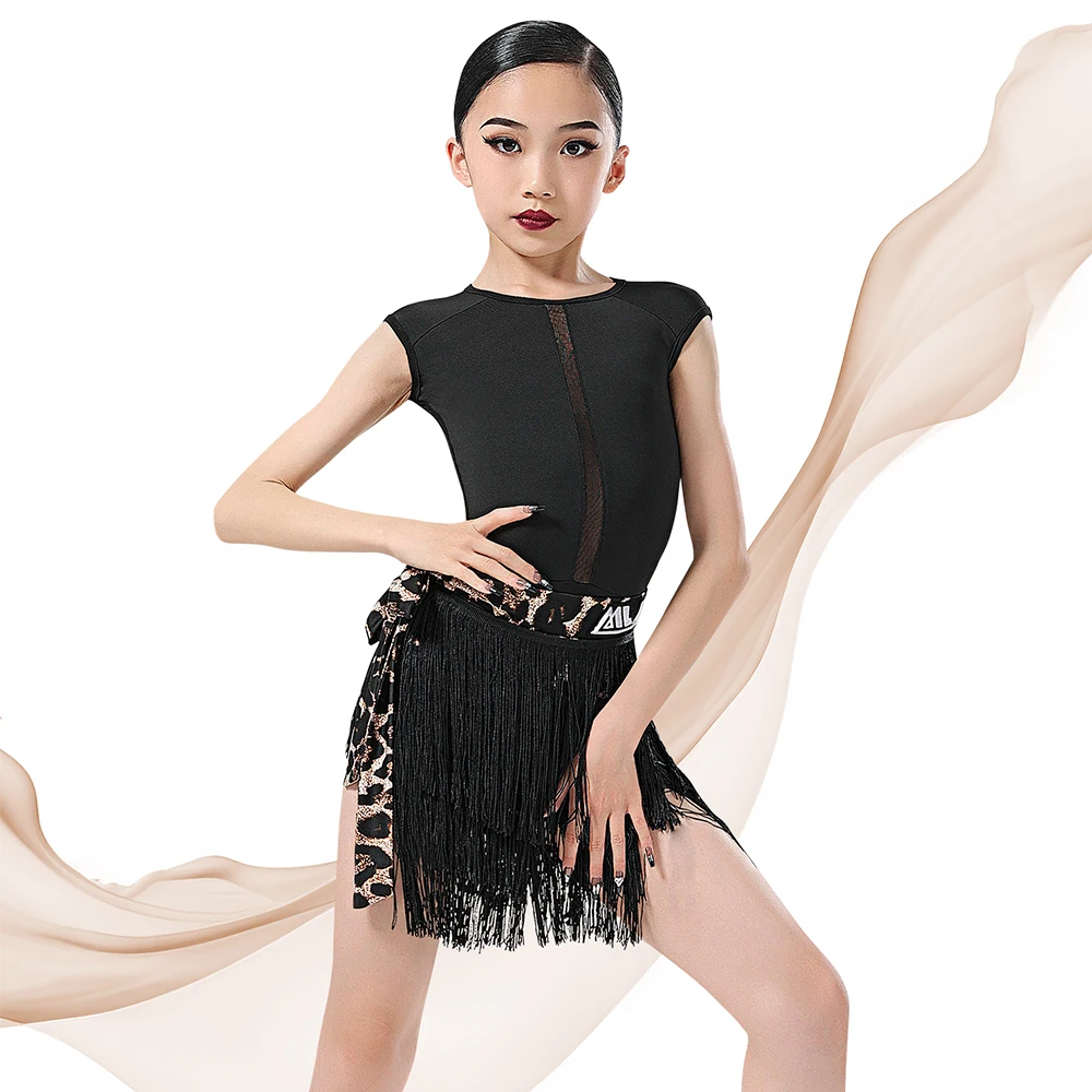 

Summer Girls Latin Dance Dress Black Sleeveless Bodysuit Fringe Skirt Rumba Cha Cha Dance Competition Suit Stage Costume AMY177