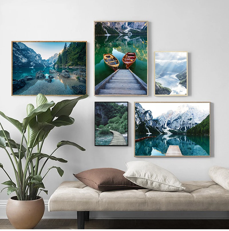 Scandinavian Nature Landscape Poster Nordic Style Print Mountain Lake Boat Wall Art Picture Painting Modern Living Room Decor