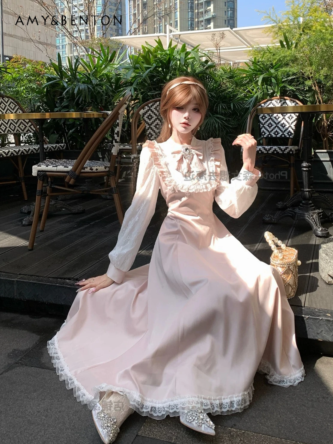 

Gentle Temperament Fairy Style Pink Long-sleeved Dress Lolita Sweet Op High Waist Slim Long Dress for Women Evening Dresses
