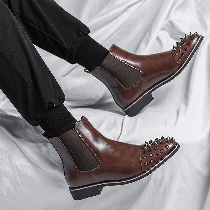 

Chelsea Men British Style Casual Boots with Rivets and Elastic Bands Mid Cut Fashionable and Trendy Brand Short Boots