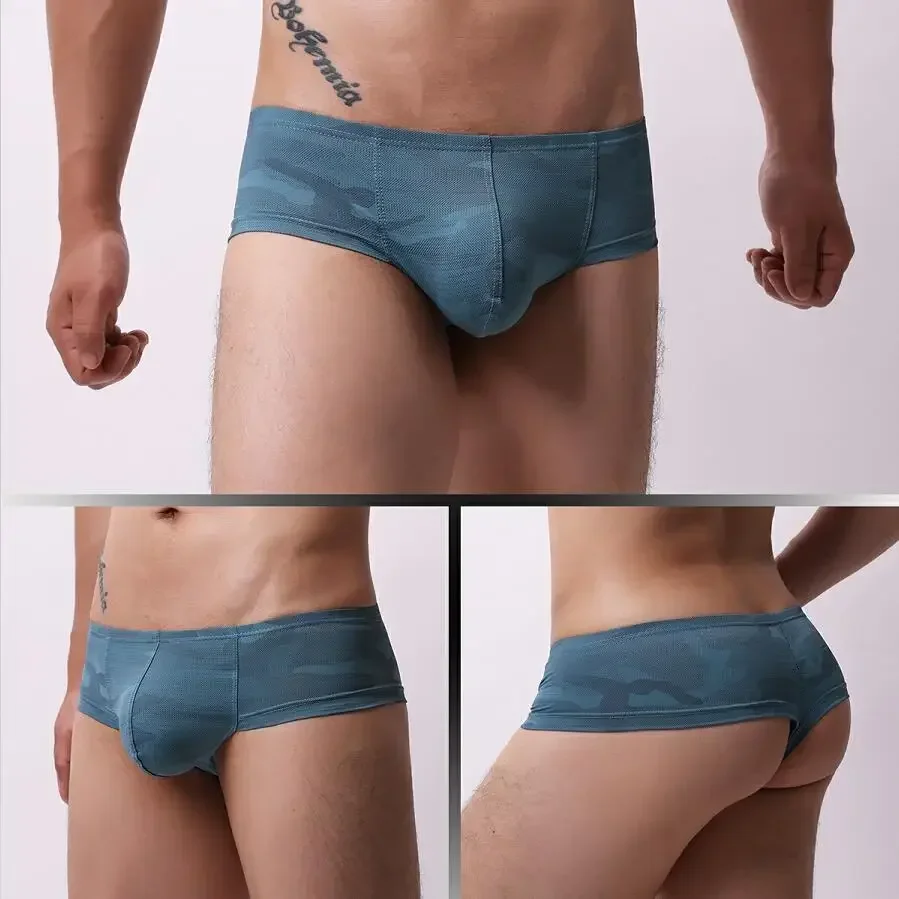 Pantaloncini da uomo con stampa mimetica moda giovanile maglia traspirante che assorbe il sudore mutandine sportive gay sexy boxer con custodia rigonfia a vita bassa