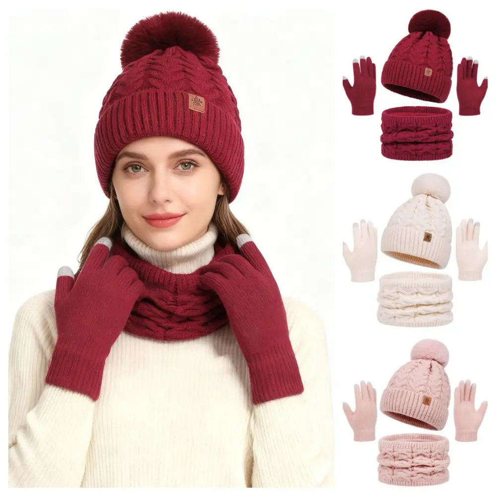 

Thickened Women Hat Scarf Gloves Set Solid Color Beanie Hat Winter Knit Gloves Set Cold-Proof Thermal Pompom Beanies Hat Outdoor