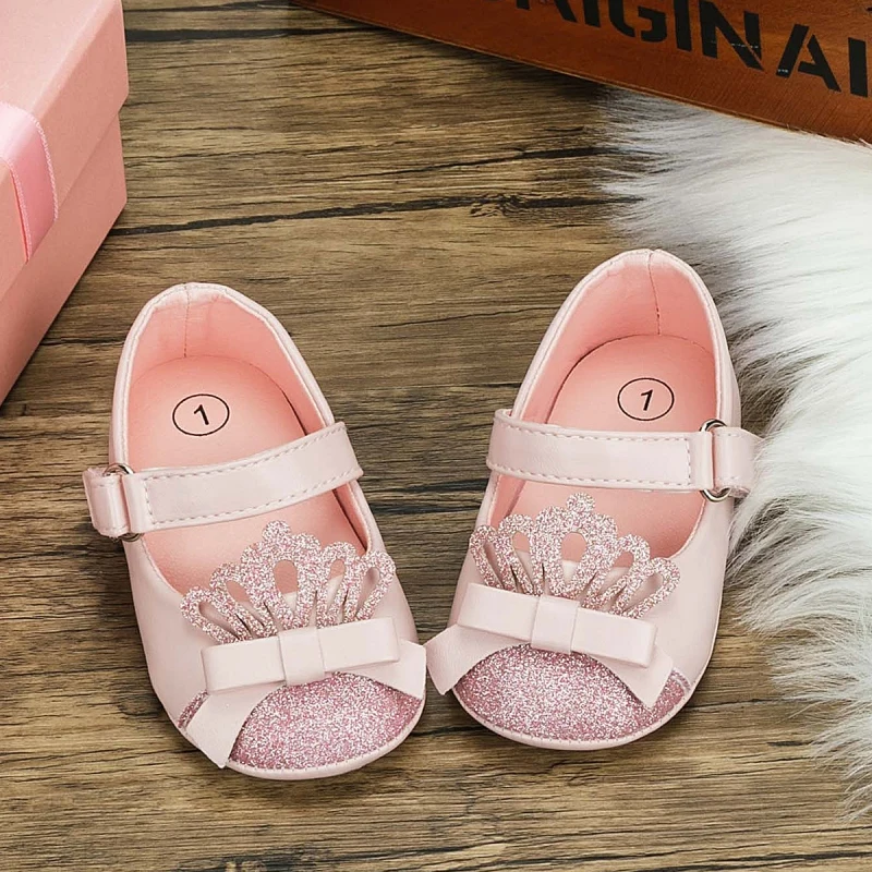 Newborn Girls Mary Janes Flats Princess Shoes Bowknot First Walkers PU Leather Sequins Crown Prewalkers Non-Slip Soft Sole