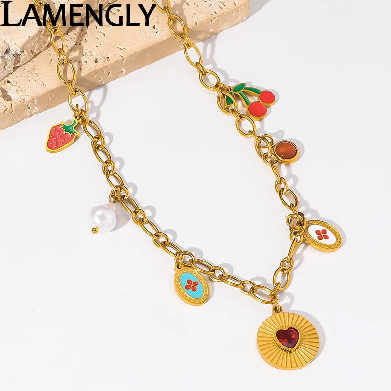 

LAMENGLY 316L Stainless Trendy Colorful Enamel Cherry Strawberry Pearl Round Heart Pendant Necklace Women Novel Clavicle Chain