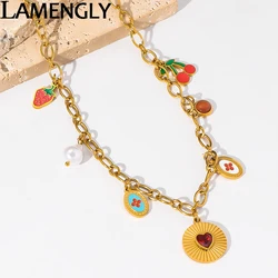 LAMENGLY 316L Stainless Trendy Colorful Enamel Cherry Strawberry Pearl Round Heart Pendant Necklace Women Novel Clavicle Chain