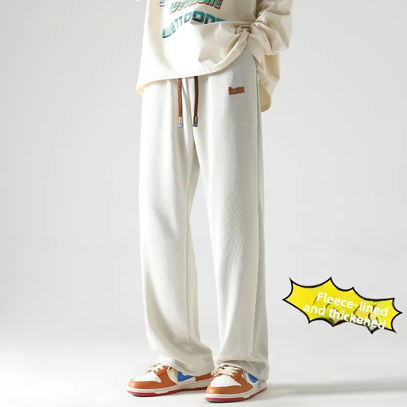 

Thiened Fce Men's Winter Sport Pants Straight Leg Casual Trousers Youth Faion Brand Loose Fit Durable Anti-Wrinkle