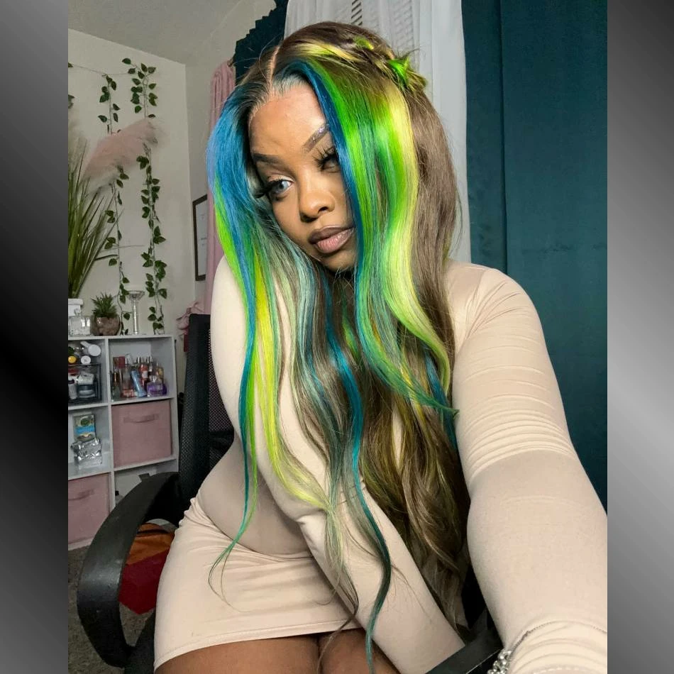 

Highlight Green Yellow 200% Bone Straight 13x4 Lace Frontal Wigs Human Hair PrePlucked Brazilian Remy 12A 6X4 Lace Closure Wigs