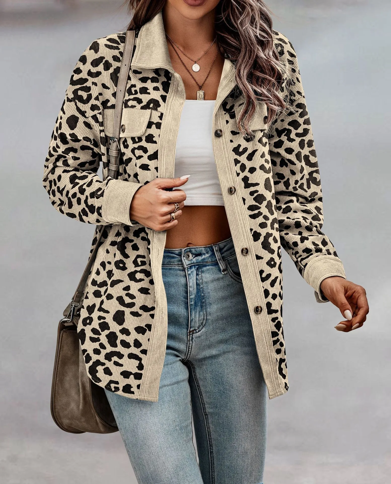 Autumn And Winter 2024 Fashion Leopard Print Button Long Sleeve Jacket Woman