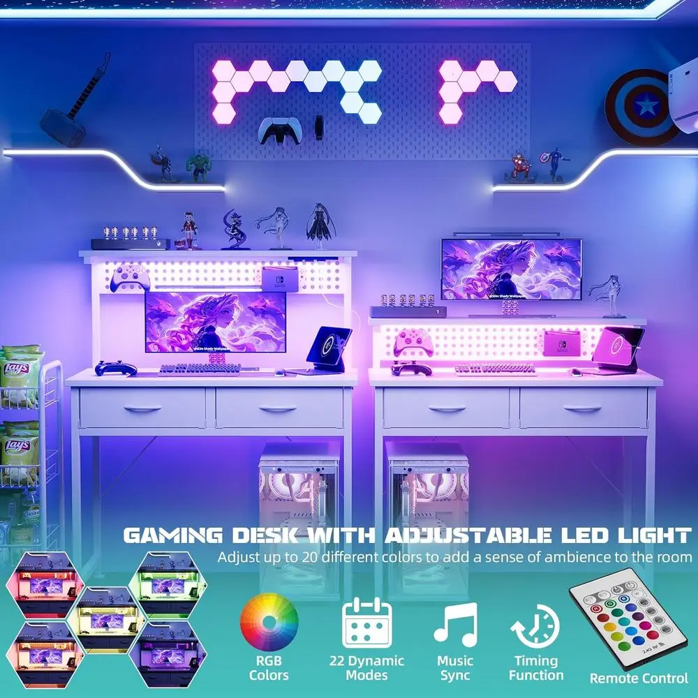 Small Desk with Drawers, 31 Inch Computer Desk with Power Outlet & LED Light, Gaming Desk with Adjustable Monitor Stand & Pegboa