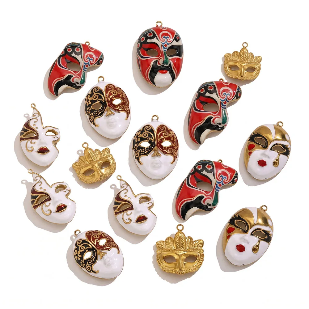 1pcs Venetian Carnival Mask Enamel Charms Gold Plated Stainless Steel Opera Style Pendants for DIY Jewelry Making Woman Earrings