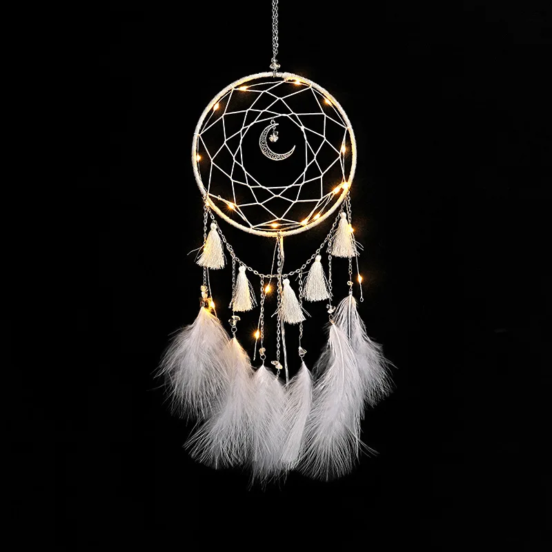 LED Lamp Flying Wind Chimes Lighting Dream Catcher Handmade Gifts Dreamcatcher Feather Pendant Romantic Creative Wall Hanging