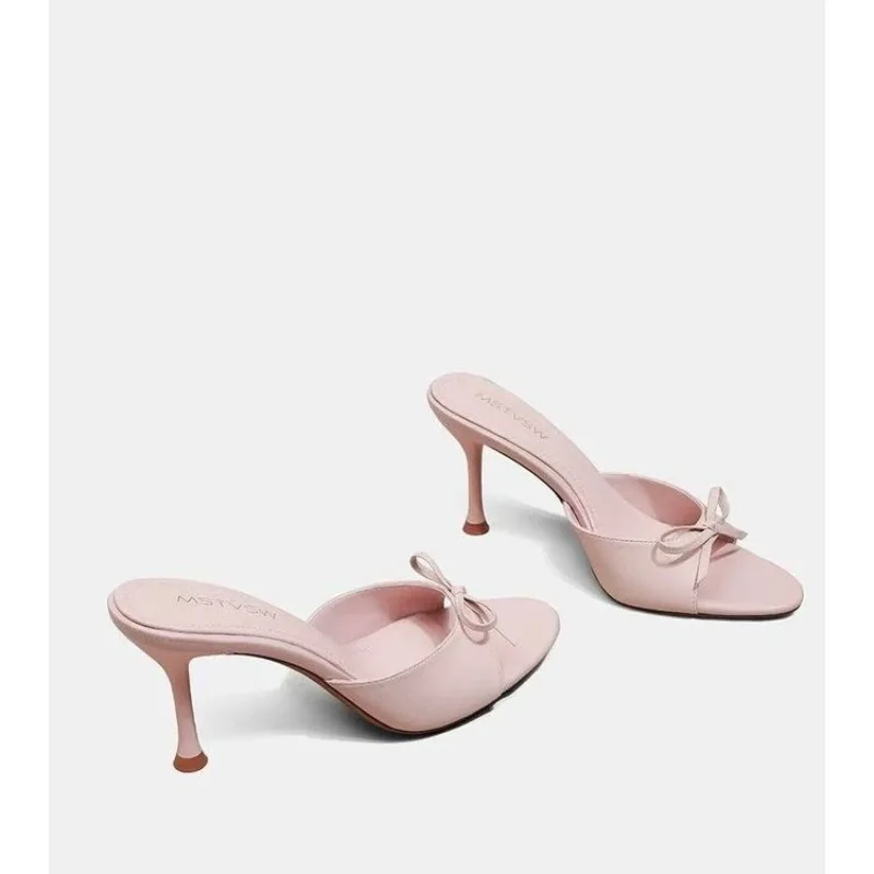 

New Summer Solid Color Women's Party Dress Slippers Fashionable Bow Open-toe Stiletto Heels Outdoor Shopping Women's Sandals