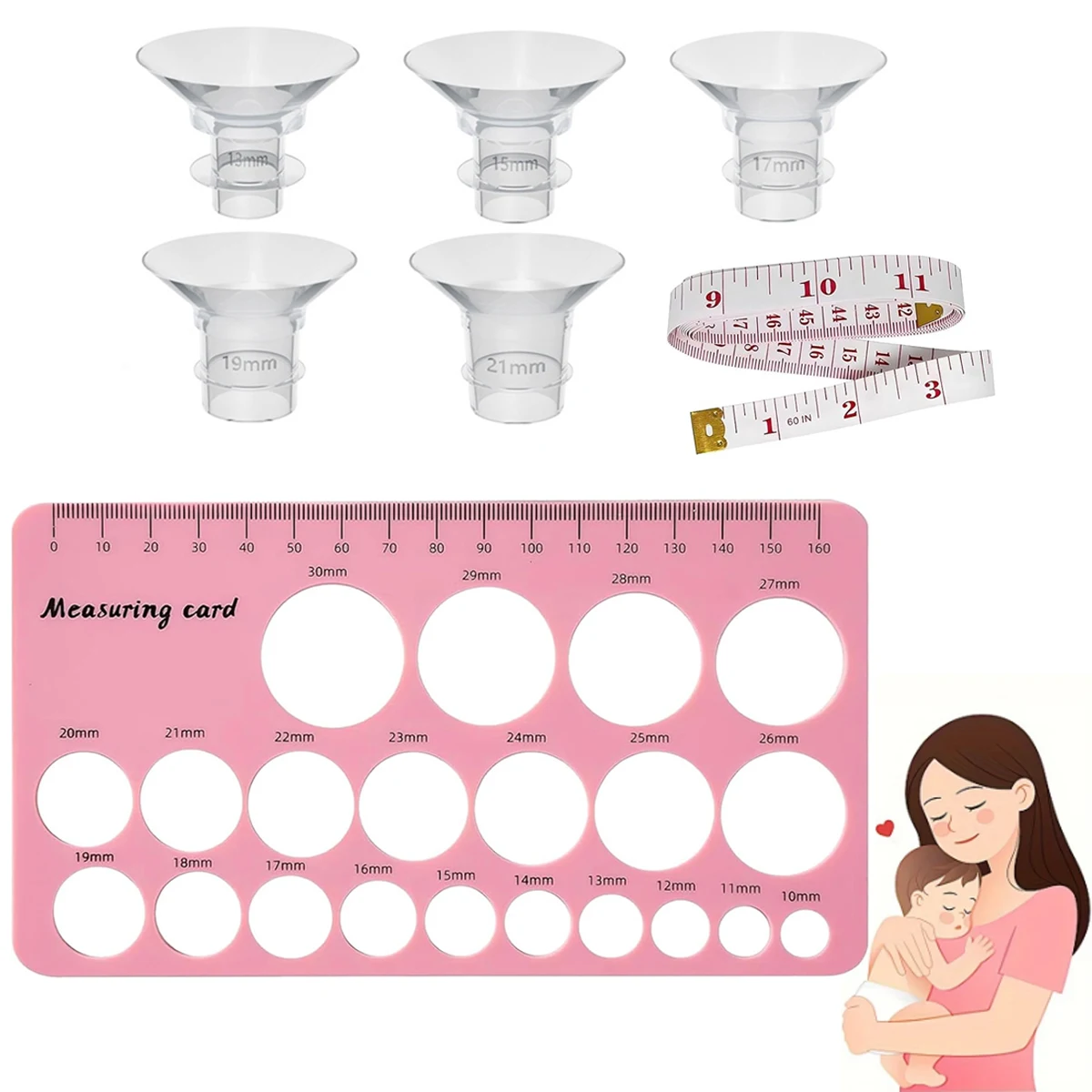 Flange Sizing Kit with 5PCS Flange Inserts 13/15/17/19/21mm for 24mm Flange of Most Pumps Breastfeeding Essential Pumping Kit