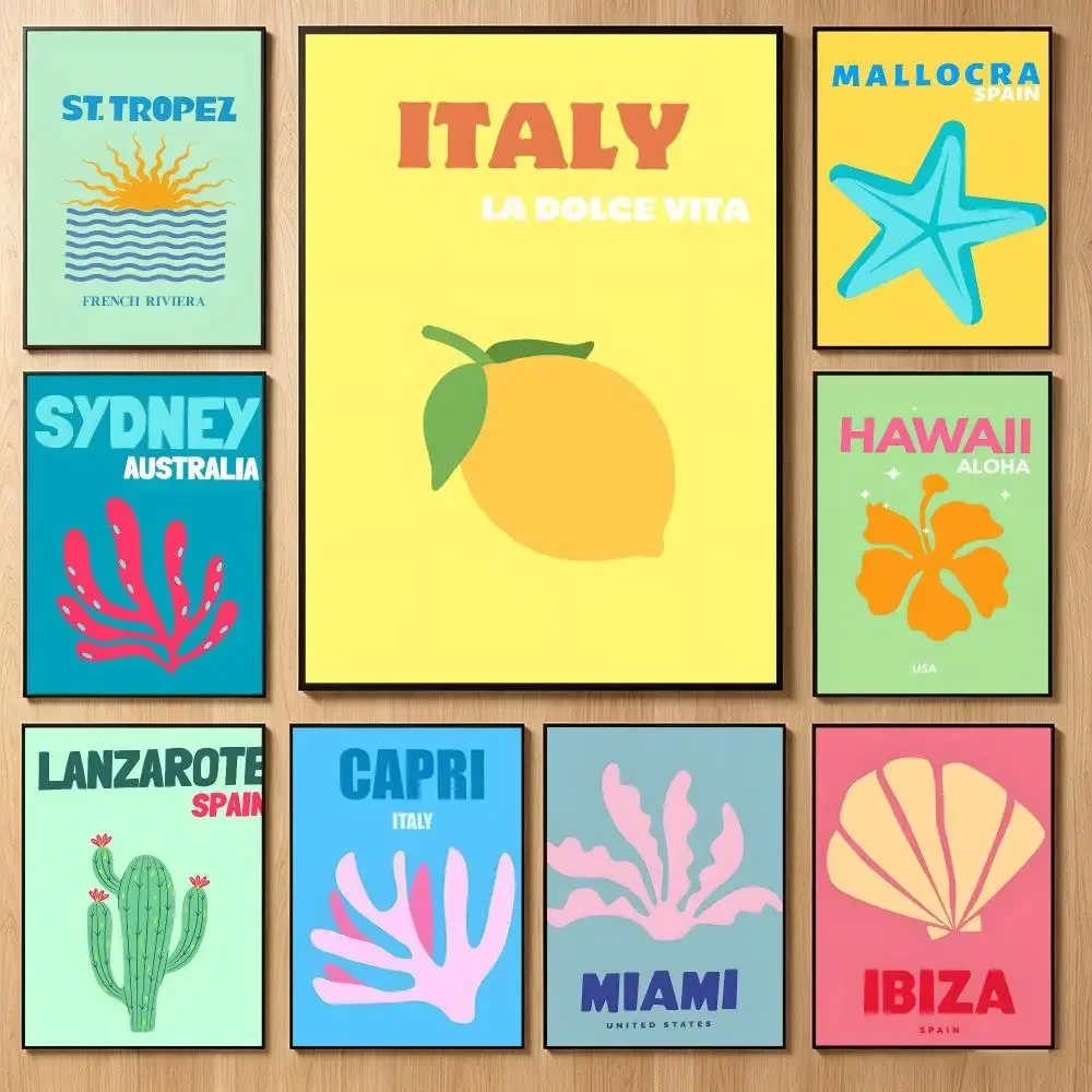Mykonos Ibiza Miami Bondi Amalfi St.Tropez Colourful Poster Classic Self-Adhesive PP Wall Sticker for Living Room Bar Decor Gift