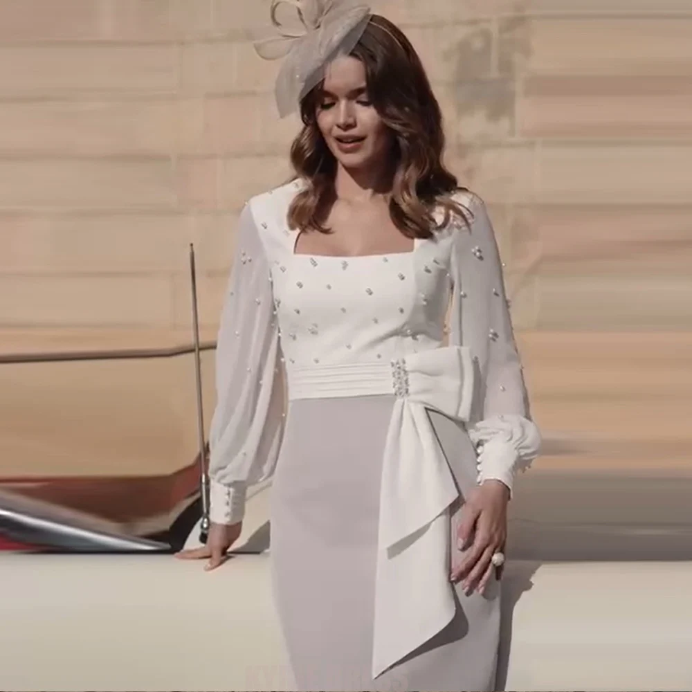 Elegant Silver Mother of The Bride Dress Puff Sleeves Square Neck Pearls Sheath Tea Length Women Wedding Mom Guest Party Gowns