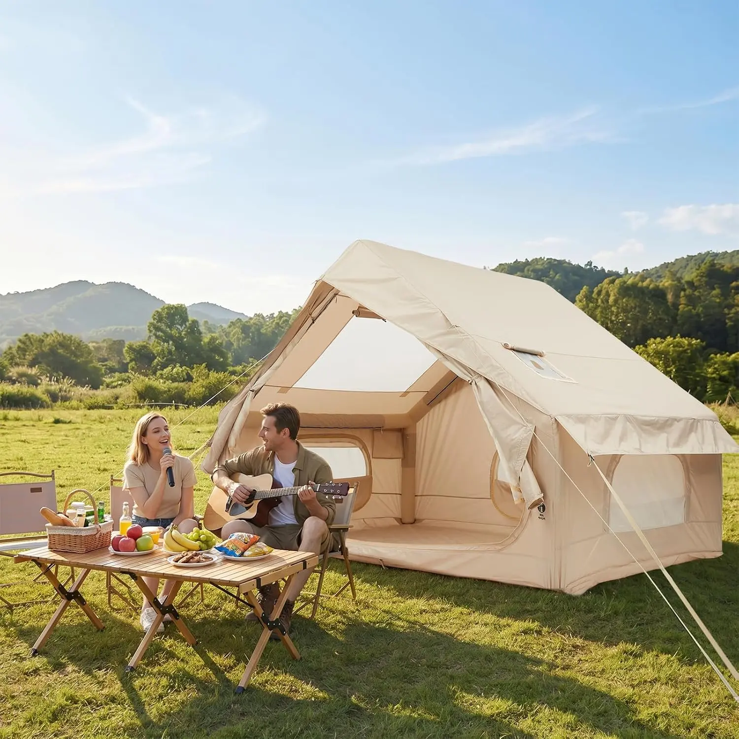 Tienda de campaña inflable para familias, amplia tienda de aire para acampar con bomba de mano, fabricada con PVC de 3 capas, impermeable y resistente al viento, fácil de montar, ideal para exteriores y para 4-6 personas.