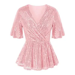 European and American 2024 summer sequin top V-neck short sleeved shiny top slimming party
