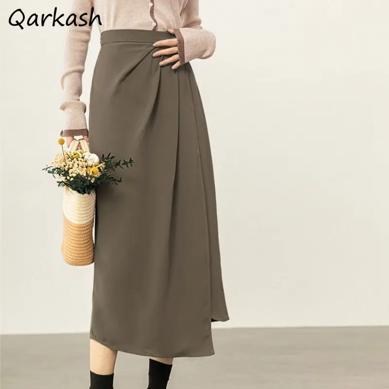 

Midi Skirts Women Irregular Solid Office Lady Vintage High Waist Casual Faldas Daily Minority Korean Style Aesthetic 2023