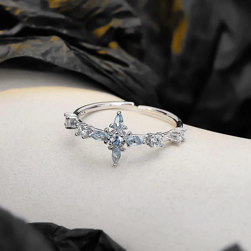 F.I.N.S Korean Style S925 Sterling Silver Four-Pointed Star Ring For Women CZ Trendy Cross Open Adjustable Finger Fine Jewelry