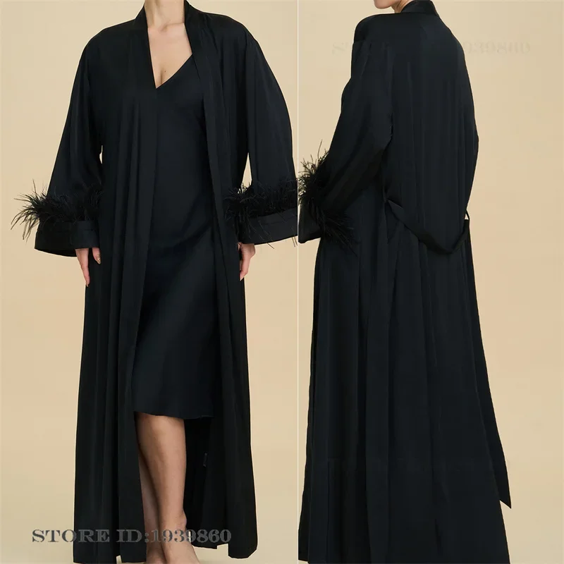 High Quality Elegant Womens Long Robe Nightgown Set Home Dress Sexy Bathrobe with Feather Cuffs Loose Satin Sleepwear Nightdress