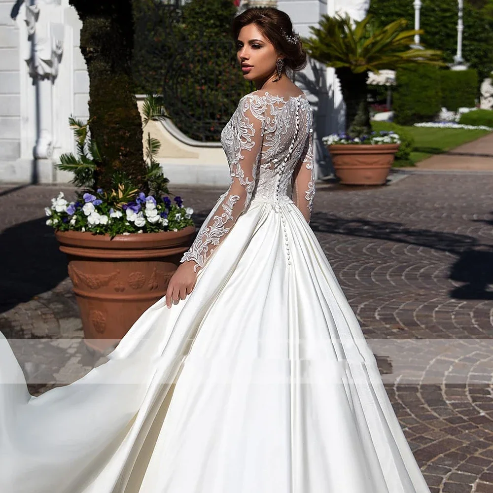 Flavinke Maßgeschneiderte A-Linie U-Ausschnitt, volle Ärmel, Satin-Brautkleider, Spitzenapplikationen, bodenlange Brautkleider, Hofschleppe