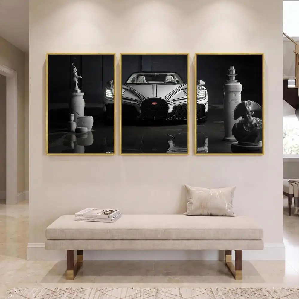 B-Bugatti Supercar Painting Calligraphy 3 Pces Canvas Poster Set Vintage Wall Art for Bedroom Living Room Home Decor Gift