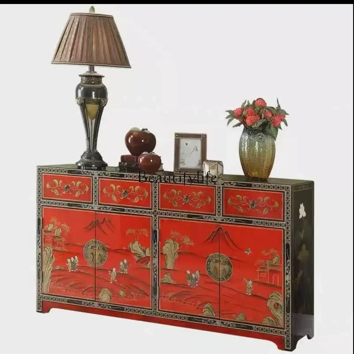 

FG17New Chinese-style entrance cabinet Ming and Qing classical red paint painted living room entrance foyer storage side cabinet