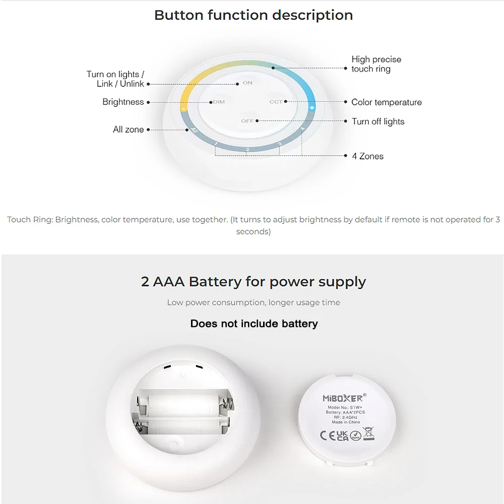 MiBoxer S1W+ 4-Zone 2.4GHz Rainbow Remote Controller Switch Dual white/Color Temperature  For Series Lamp Bulb Light Controller