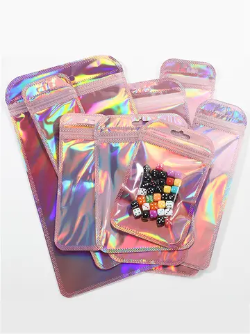 50pcs Iridescent Self Sealing Bags Pink Laser Plastic Pouches Resealable Zip Lock Packaging for Jewelry Display Retail Bags
