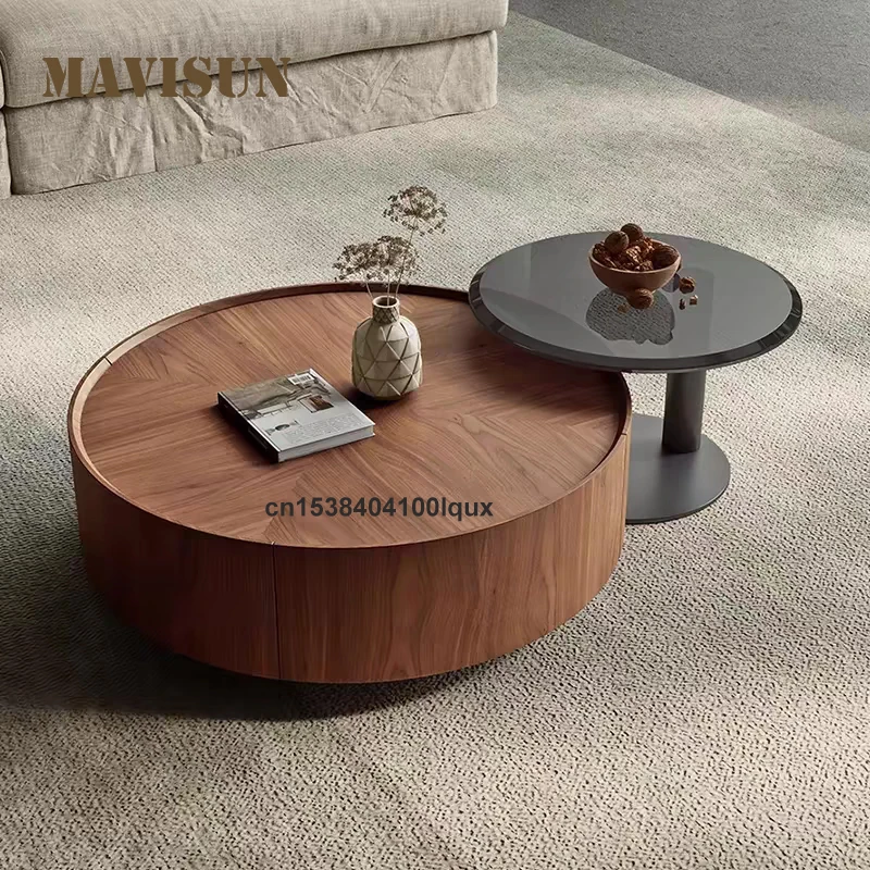 

Mid - Century Vintage Modern Solid Wood Small - Sized Round Combined Coffee Table Rounded Edge Design Two Drawers Coffee Table