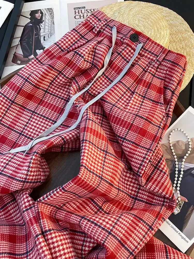 Hikigawa 2025 Spring Plaid High Waist Women Pants Chic Fashion Harajuku Drawstring Wide Leg Trousers Loose Vintage Pantalones