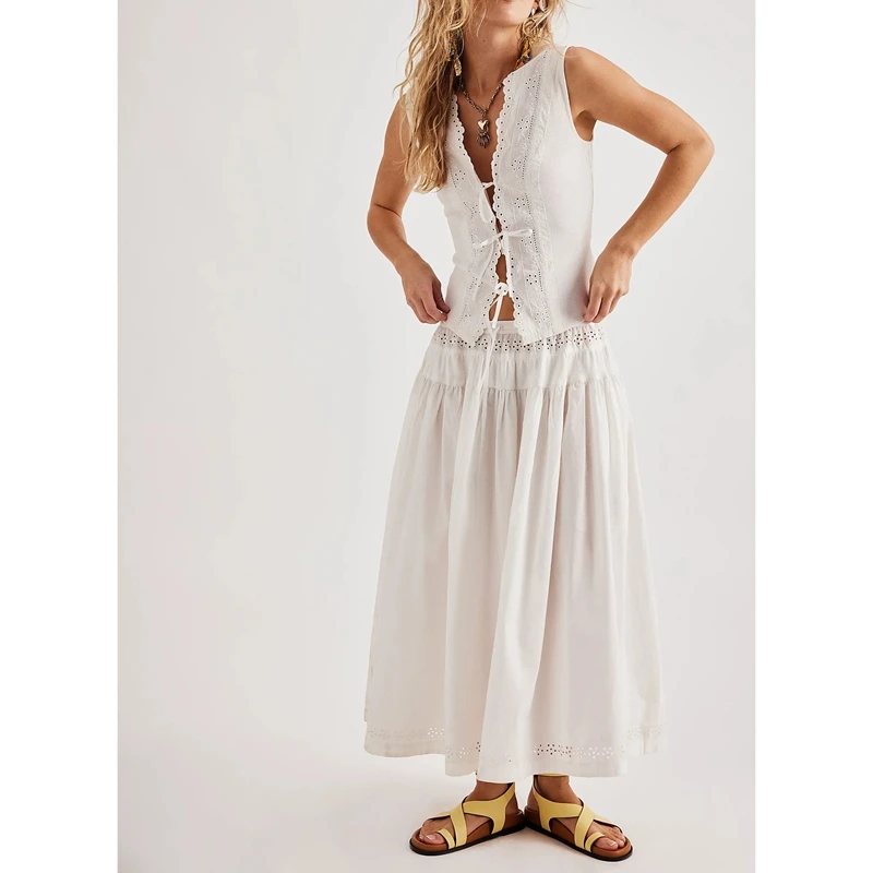 

Combhasaki женский комплект одежды из 2 предметов с цветочными ушками, ажурная зубчатая отделка, завязанный передний жилет + эластичная талия, свободная длинная юбка трапециевидной формы