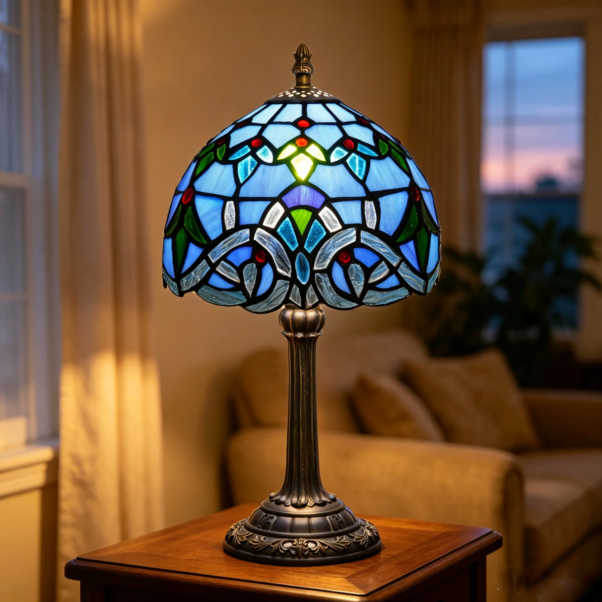 Tiffany-Tischlampe, blaue Barock-Buntglaslampe, 20 cm große Schreibtischlampe für Schlafzimmer, Wohnzimmer oder Zuhause, handgefertigte dekorative Leuchte.
