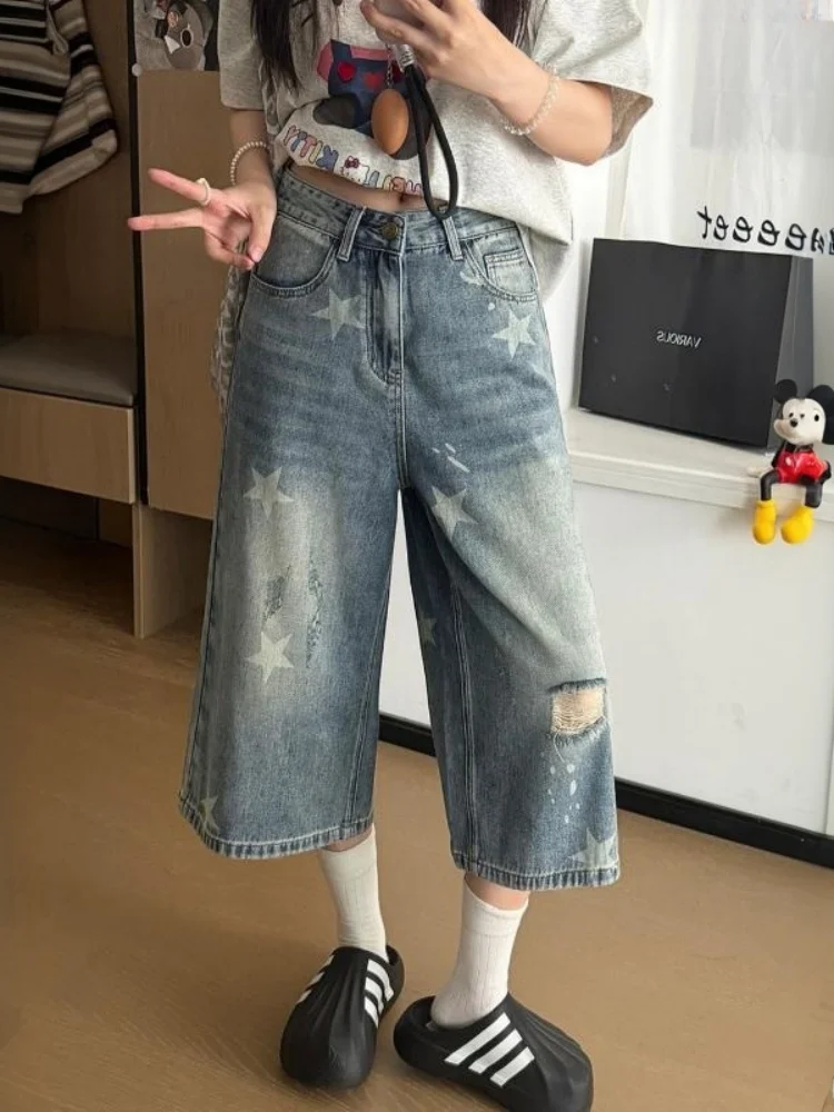 

Summer New plus Size Women's High Waist Straight Leg Jeans Hollow out Star Print Wide Leg Pants Loose Fit for Pear Shaped Body