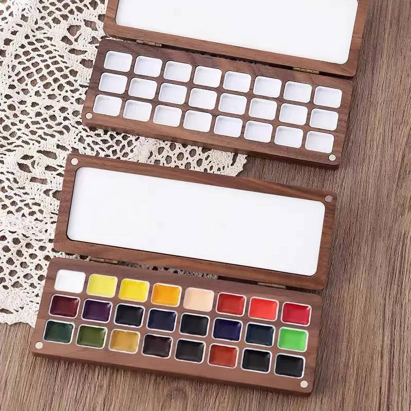 Wooden Pigment Box Magnetic Box Cover 24 Grid Watercolor Color Mixing Box Good Storage Carry It with You When Traveling