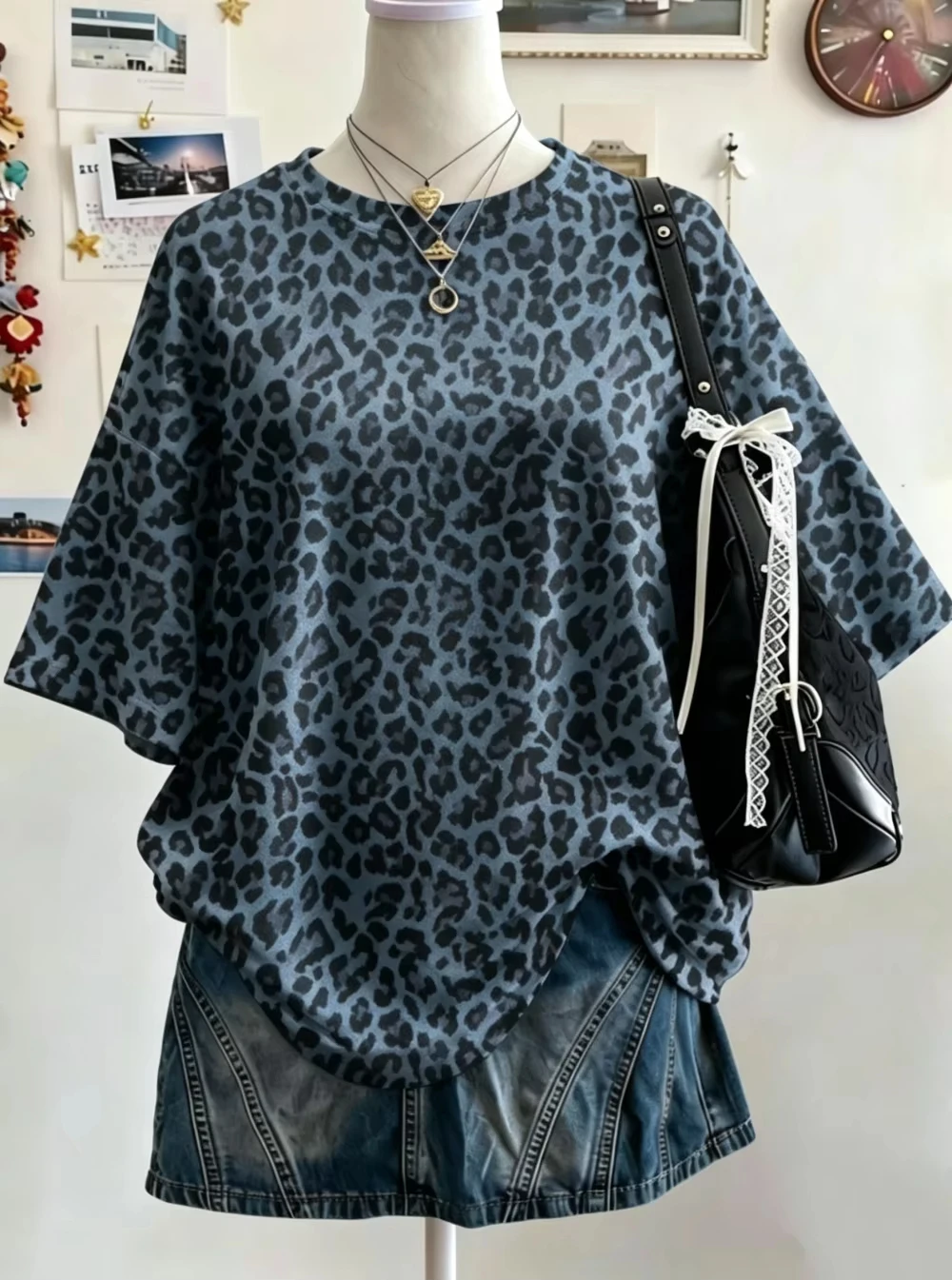 2026 Sommer Y2K Leopardenmuster Lässiges Oversized Rundhals Drop-Shoulder Damen Kurzarm T-Shirt Street Casual Sport-Top – Detail 7