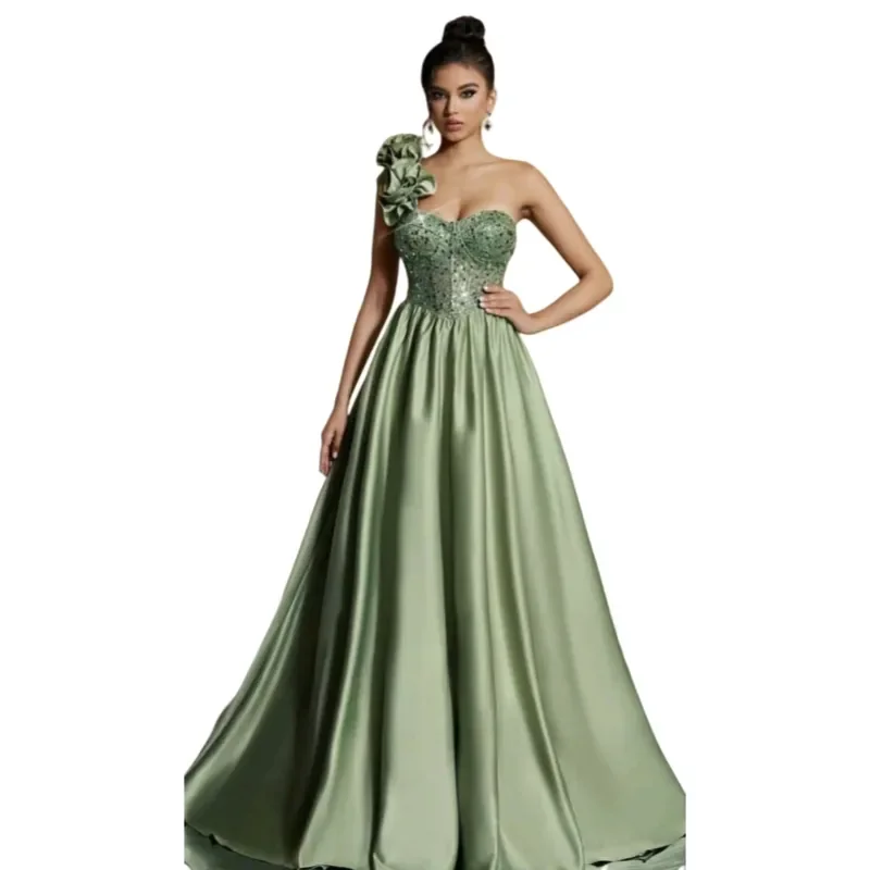 Elegant Arabic One Shoulder Prom Dresses Sage Satin Sequined A-Line Long Evening Gowns With Hand Made Flowers Open Back Charing