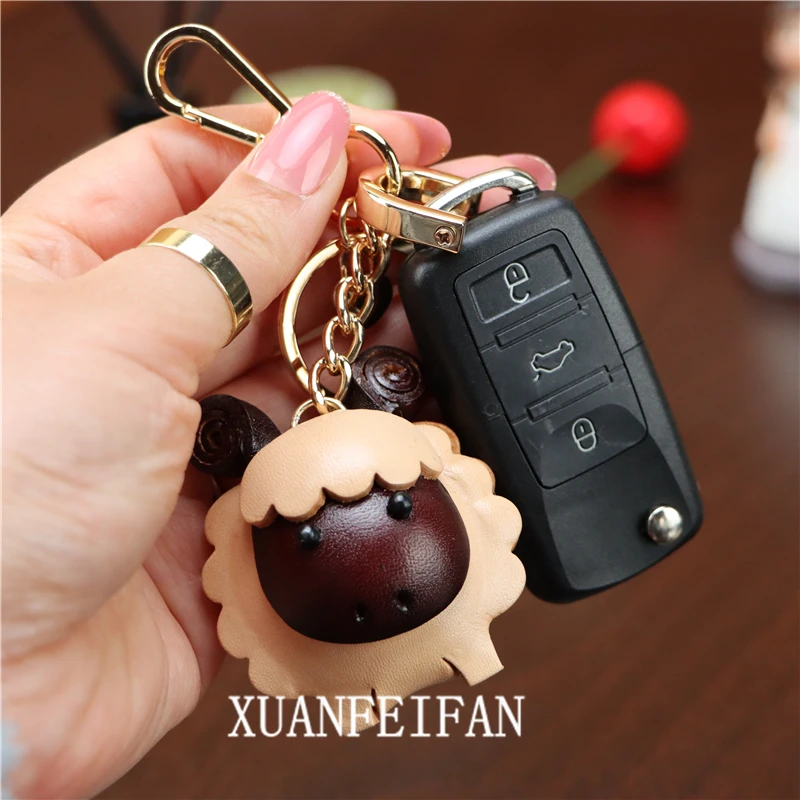 Head Layer Cowhide Leather Lamb Pendant Car Keychain Leather Rope Bag Charm Accessories Zodiac Gift