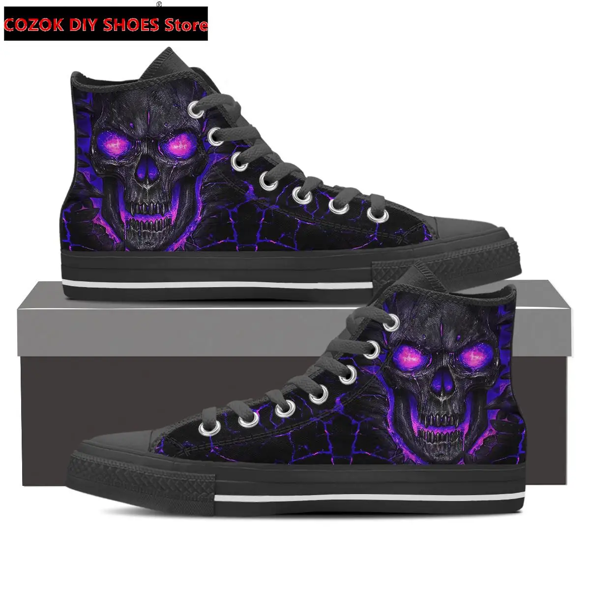 Men's Cool Purple Skull Lava High Top Canvas Shoes Casual Men Lace-up Flats Sneaker Vulcanize Shoes for Male Zapatos