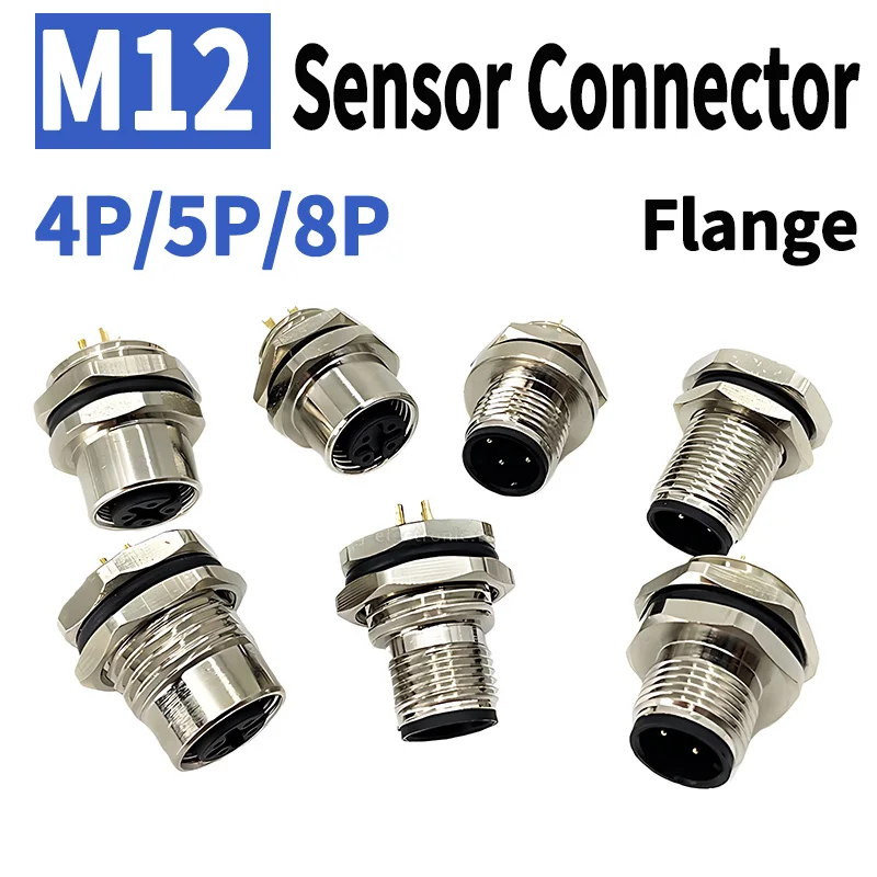 1pcs M12 4pin 5 8Pin Sensor Connector Panel Back Mount Waterproof Flange Socket Threaded Coupling Male&Female A Code Connectors