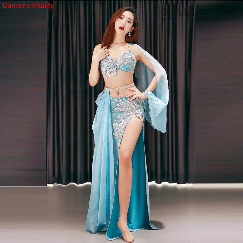 New stage Luxury women Girls Belly Dance Costumes Bra+Long Skirt+belt 3pcs Belly Dance Suit Women Ballroom Dance Set