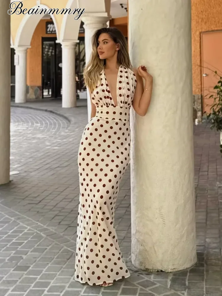 

Сексуальное женское макси-платье в горошек с открытой спиной, шикарное, без рукавов, с открытыми плечами, V-образным вырезом, плиссированное, приталенное, 2026, для отпуска и пляжа