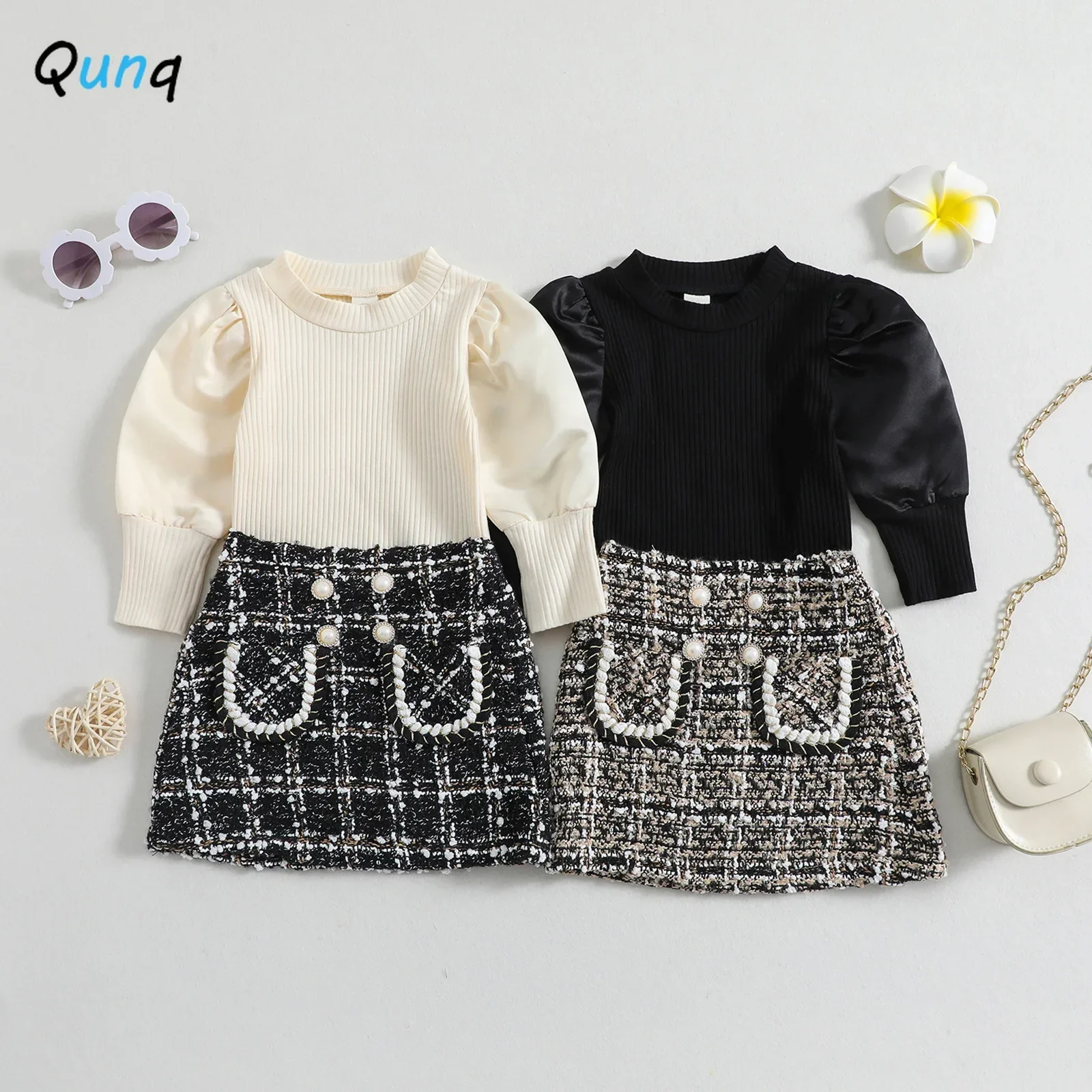 

Qunq 2023 Autumn Winter New Girls O Neck Puffy Sleeves Pullover Top+Plaid Wool Skirt 2 Pieces Set Casual Kids Clothes Age 3T-8T