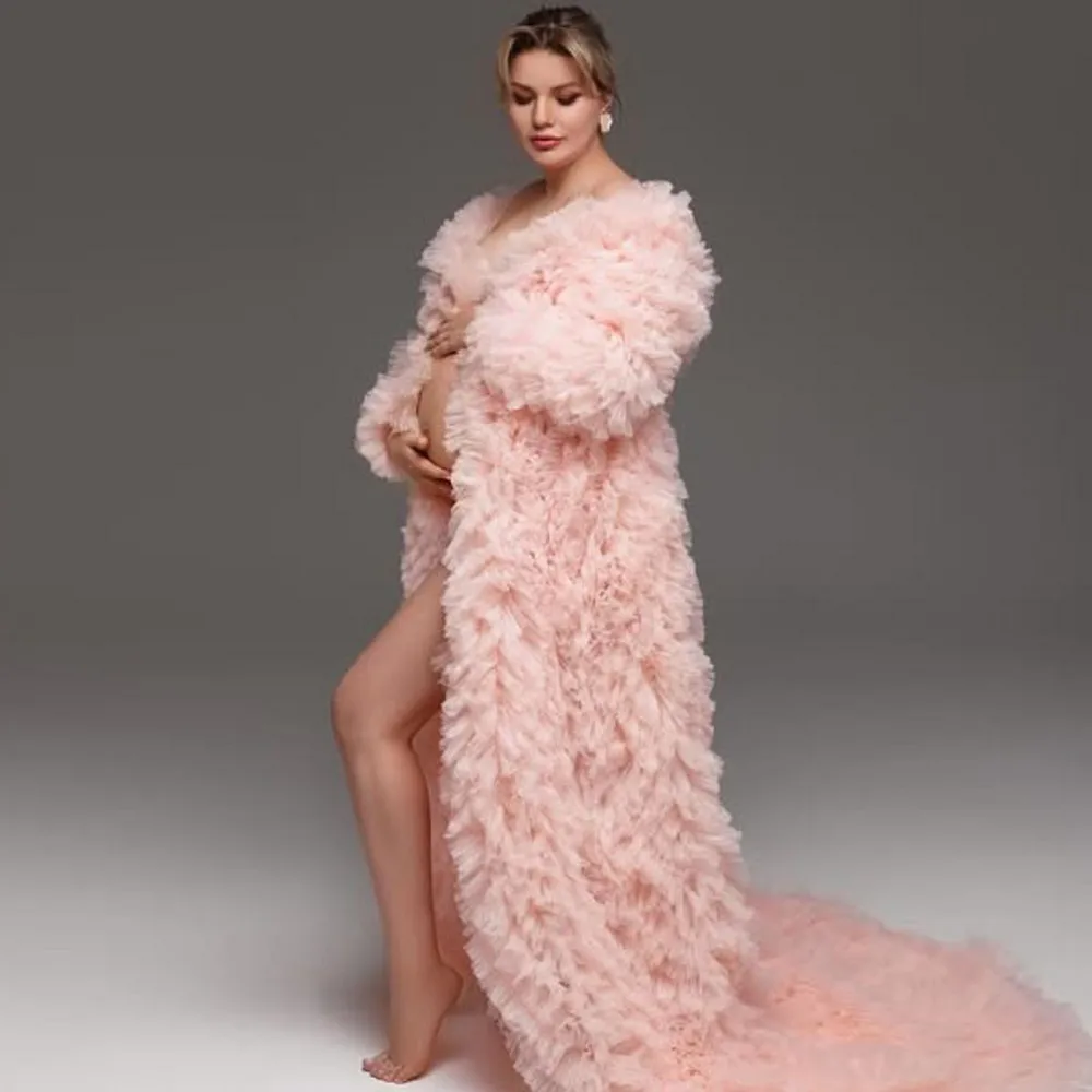 Beautiful Ruffles Trimmed Long Tulle Robe Formal Maternity Dresses To Photoshoots Full Sleeves Long Women Jackets Outwear